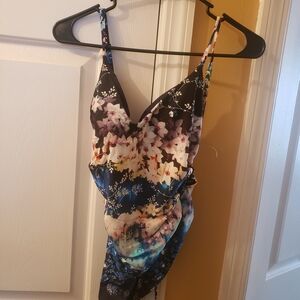 RACHEL Rachel Roy Navy Floral-Striped Strap Swim Top